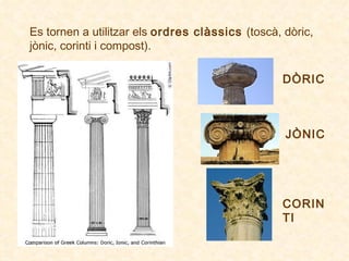 Es tornen a utilitzar els  ordres clàssics  (toscà, dòric, jònic, corinti i compost). DÒRIC JÒNIC CORINTI 