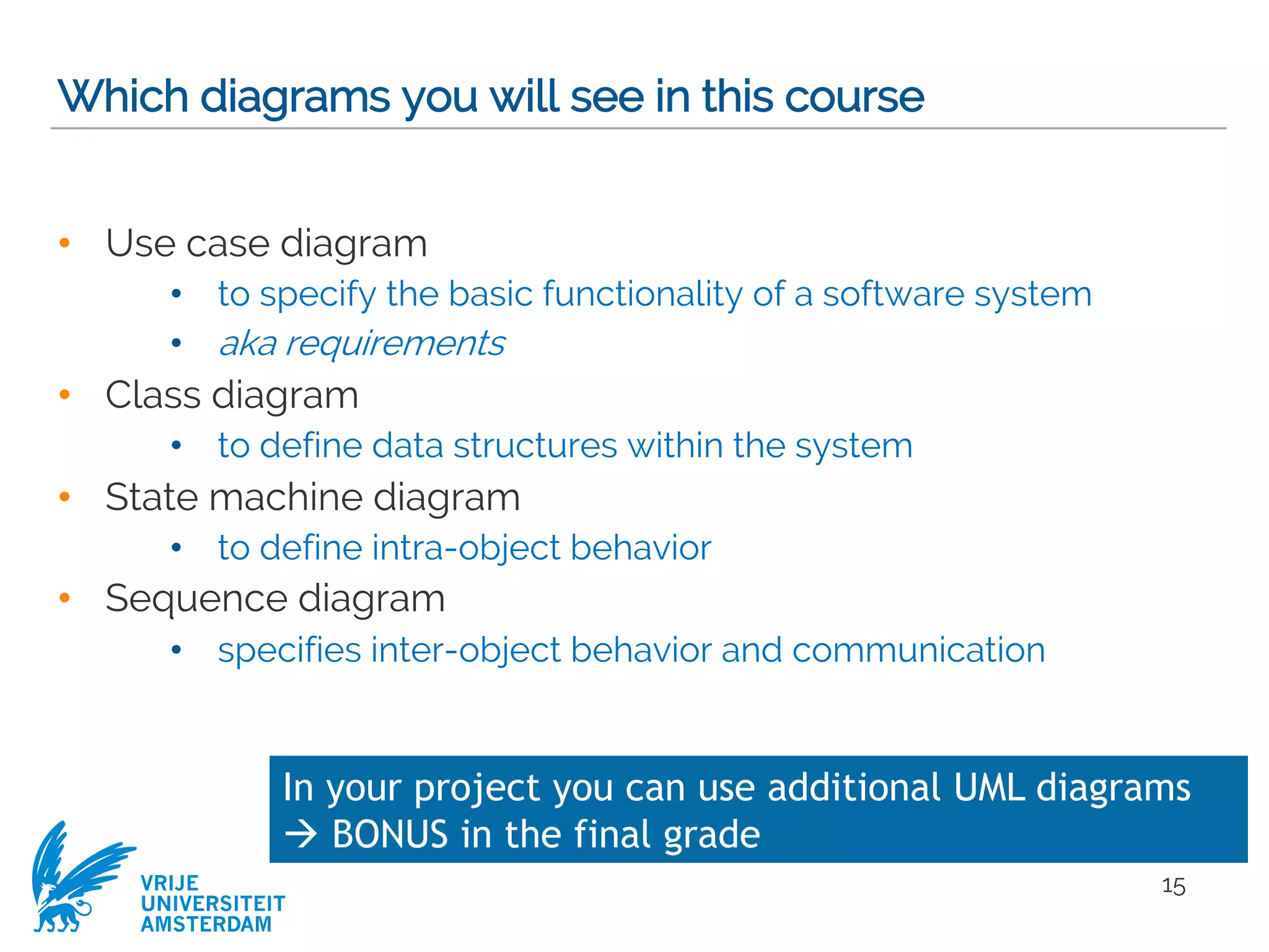VRIJE
UNIVERSITEIT
AMSTERDAM
Which diagrams you will see in this course
• Use case diagram
• to specify the basic functionality of a software system
• aka requirements
• Class diagram
• to define data structures within the system
• State machine diagram
• to define intra-object behavior
• Sequence diagram
• specifies inter-object behavior and communication
15
In your project you can use additional UML diagrams
à BONUS in the final grade
 
