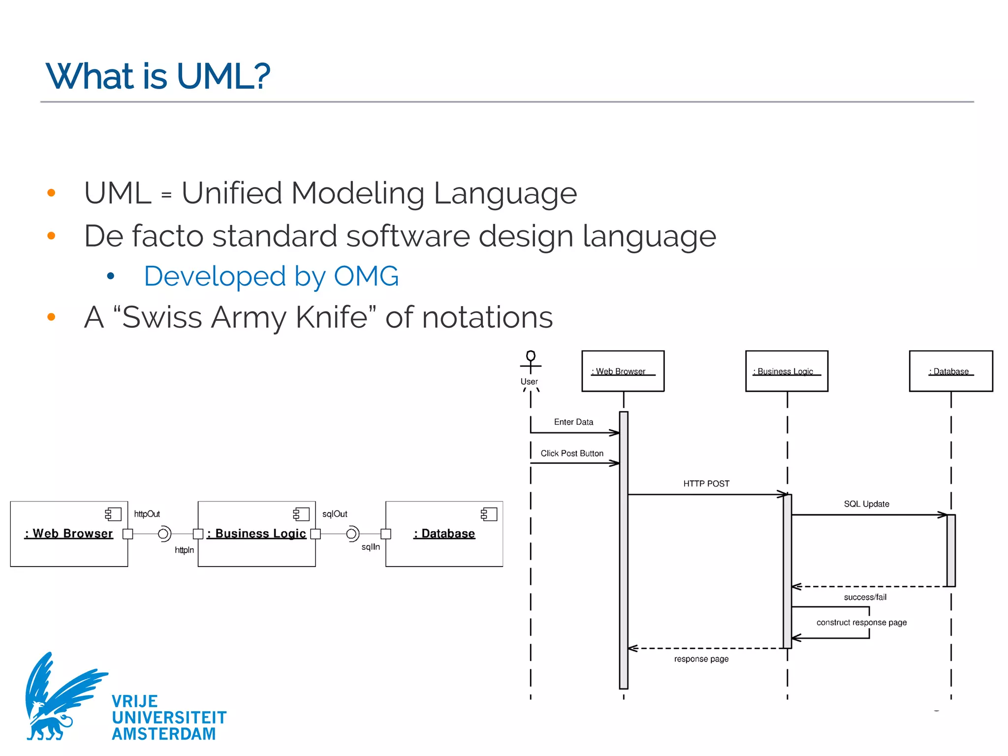 VRIJE
UNIVERSITEIT
AMSTERDAM
What is UML?
• UML = Unified Modeling Language
• De facto standard software design language
• Developed by OMG
• A “Swiss Army Knife” of notations
5
 