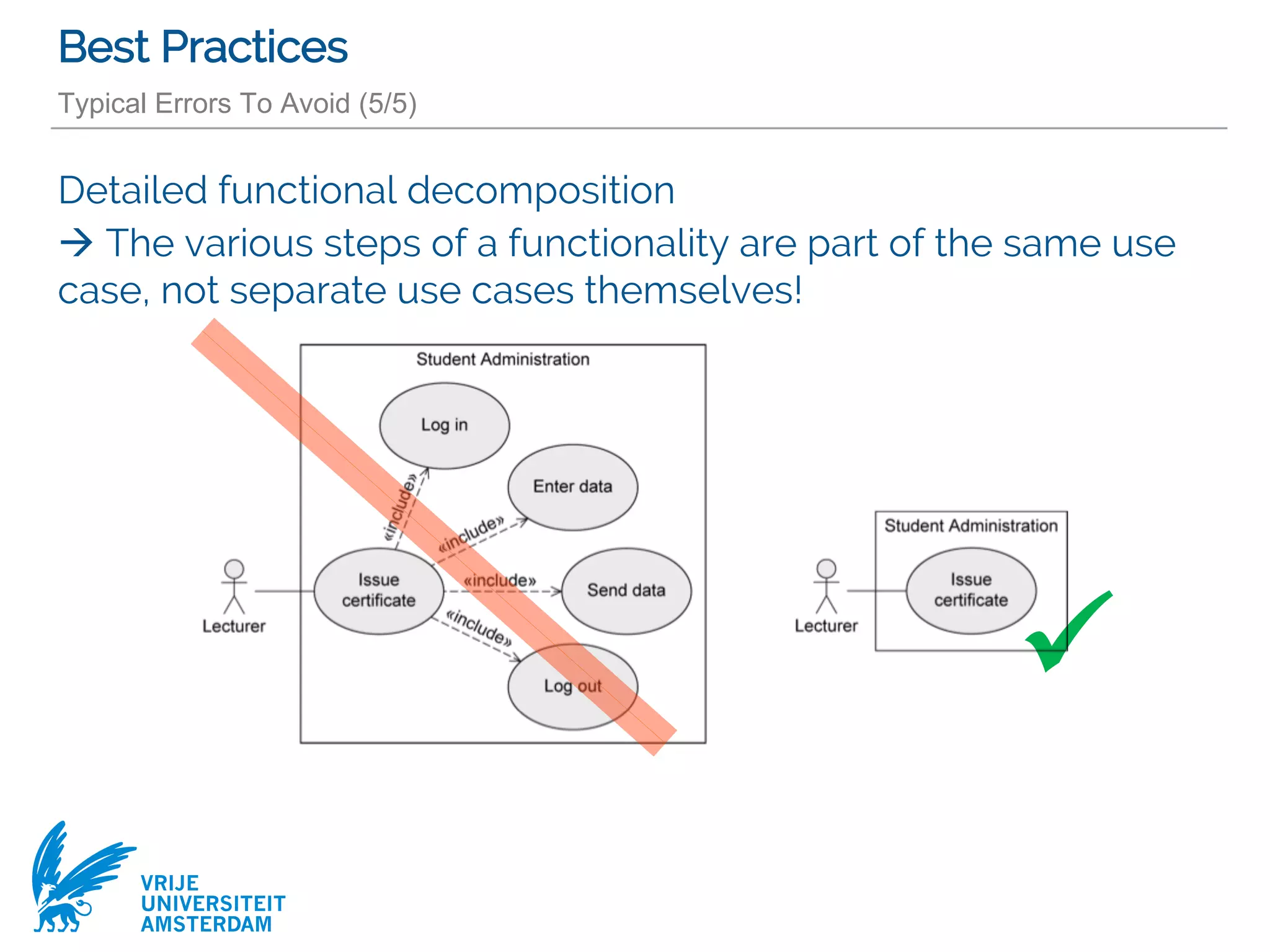 VRIJE
UNIVERSITEIT
AMSTERDAM
Best Practices
Typical Errors To Avoid (5/5)
Detailed functional decomposition
à The various steps of a functionality are part of the same use
case, not separate use cases themselves!
ü
 
