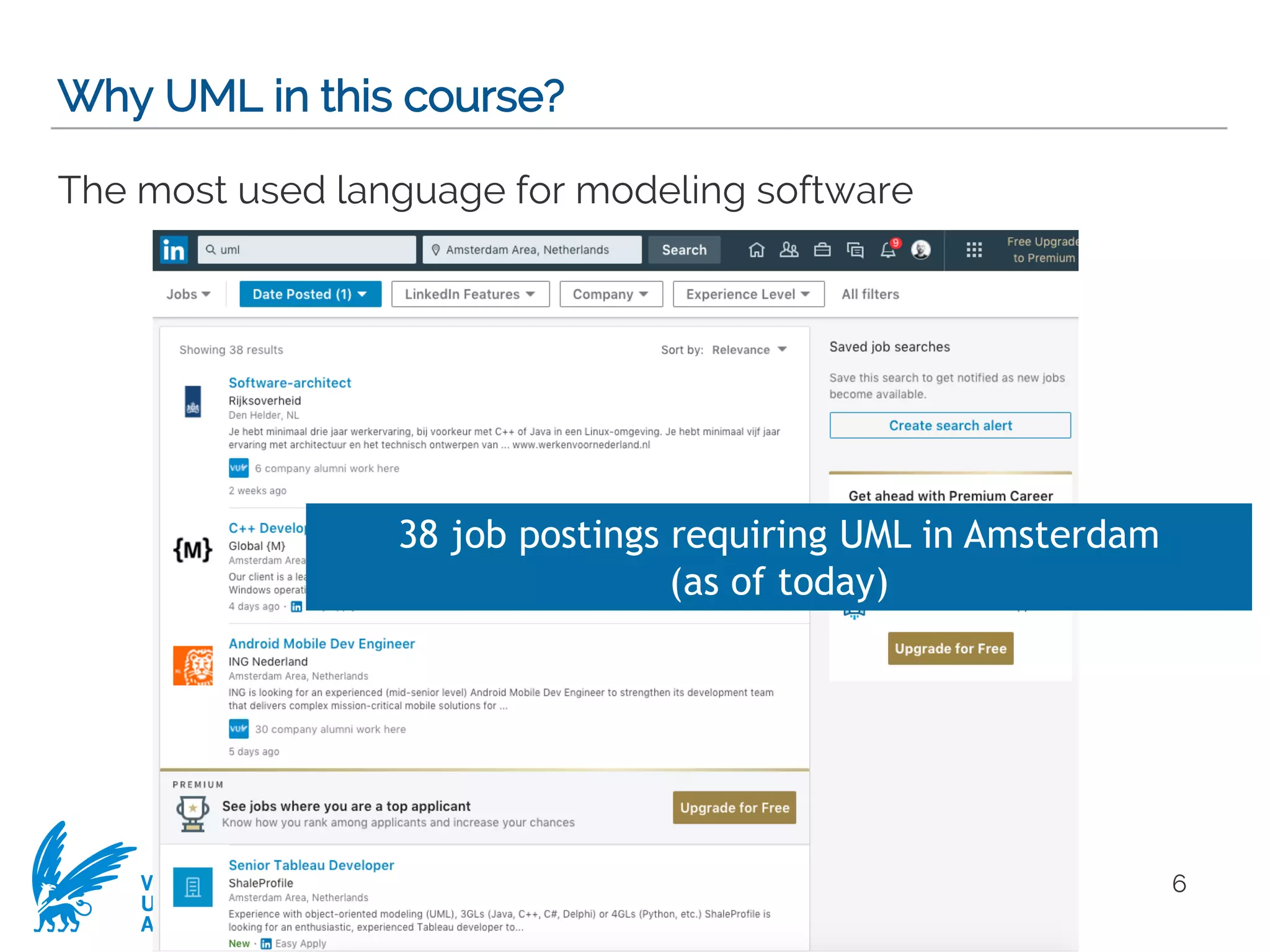 VRIJE
UNIVERSITEIT
AMSTERDAM
Why UML in this course?
The most used language for modeling software
6
38 job postings requiring UML in Amsterdam
(as of today)
 