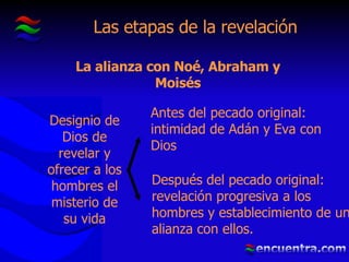 Las etapas de la revelación La alianza con Noé, Abraham y Moisés Antes del pecado original: intimidad de Adán y Eva con Dios Después del pecado original: revelación progresiva a los hombres y establecimiento de una alianza con ellos. Designio de Dios de revelar y ofrecer a los hombres el misterio de su vida 