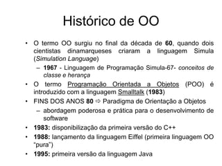 Histórico de OO
• O termo OO surgiu no final da década de 60, quando dois
cientistas dinamarqueses criaram a linguagem Simula
(Simulation Language)
– 1967 - Linguagem de Programação Simula-67- conceitos de
classe e herança
• O termo Programação Orientada a Objetos (POO) é
introduzido com a linguagem Smalltalk (1983)
• FINS DOS ANOS 80  Paradigma de Orientação a Objetos
– abordagem poderosa e prática para o desenvolvimento de
software
• 1983: disponibilização da primeira versão do C++
• 1988: lançamento da linguagem Eiffel (primeira linguagem OO
“pura”)
• 1995: primeira versão da linguagem Java
 