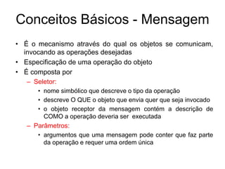 • É o mecanismo através do qual os objetos se comunicam,
invocando as operações desejadas
• Especificação de uma operação do objeto
• É composta por
– Seletor:
• nome simbólico que descreve o tipo da operação
• descreve O QUE o objeto que envia quer que seja invocado
• o objeto receptor da mensagem contém a descrição de
COMO a operação deveria ser executada
– Parâmetros:
• argumentos que uma mensagem pode conter que faz parte
da operação e requer uma ordem única
Conceitos Básicos - Mensagem
 