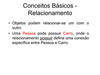 Conceitos Básicos -
Relacionamento
• Objetos podem relacionar-se um com o
outro
• Uma Pessoa pode possuir Carro, onde o
relacionamento possuir define uma conexão
específica entre Pessoa e Carro
 