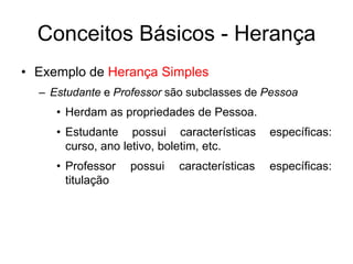 Conceitos Básicos - Herança
• Exemplo de Herança Simples
– Estudante e Professor são subclasses de Pessoa
• Herdam as propriedades de Pessoa.
• Estudante possui características específicas:
curso, ano letivo, boletim, etc.
• Professor possui características específicas:
titulação
 