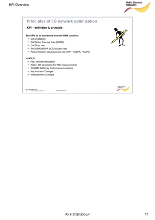 RN31572EN20GLA1
KPI Overview
10
Soc Classification level
10 © Nokia Siemens Networks RN31572EN20GLA1
The KPIs to be monitored from the RAN could be:
• Cell availability
• Call Setup Success Rate (CSSR)
• Call Drop rate
• SHO/ISHO/HSPA SCC success rate
• Packet Session setup/success rate (NRT, HSDPA, HSUPA)
In NOLS:
• RNC counter description
• NetAct DB description for RNC measurements
• WCDMA RAN Key Performance Indicators
• Key Indicator Changes
• Measurement Changes
Principles of 3G network optimization
KPI – definition & principle
 
