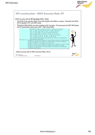RN31572EN20GLA1
KPI Overview
106
Soc Classification level
106 © Nokia Siemens Networks RN31572EN20GLA1
KPI construction - ISHO Success Rate, RT
ISHO success rate for RT services (RNC_300g)
• The Real Time and Non Real Time Inter System HO differs in nature. Therefore the ISHO
KPI is splitted in RT and NRT parts.
• The Multi RAB ISHOs are only updated to RT counters. This because the NRT RB follows
the RT parameters when part of RT + NRT Multi RAB.
• ISHO success rate for NRT services (RNC_301e)
)_RT]CELL_BLOCK[ATT_ISHO_
OWN_RT]CELL_SHUTD[ATT_ISHO__AMR_RT][ATT_GANHOPS_RT]T_UL_DCH_W[IS_HHO_AT
T_SB_RT][IS_HHO_ATSC_RT]T_LB_RSVR_[IS_HHO_ATIM_RT]T_LB_RES_L[IS_HHO_AT
OT_RT]T_LB_PTX_T[IS_HHO_ATOT_RT]T_LB_PRX_T[IS_HHO_ATUL_RT]T_LB_CAPA_[IS_HHO_AT
DL_RT]T_LB_CAPA_[IS_HHO_ATLL]T_EMERG_CA[IS_HHO_AT
T]T_IM_IMS_R[IS_HHO_ATNO_RT]T_CPICH_EC[IS_HHO_ATCP_RT]T_CPICH_RS[IS_HHO_AT
_RT]T_DPCH_PWR[IS_HHO_ATWR_RT]T_UE_TRX_P[IS_HHO_ATRT]_UL_DCH_Q_IS_HHO_ATT(
)K_RT]_CELL_BLOC[SUCC_ISHO
DOWN_RT]_CELL_SHUT[SUCC_ISHOO_AMR_RT][SUCC_GANHHO_WPS_RT][SUCC_IS_H
__________
____________
_______UL_RT]HO_LB_CAPA[SUCC_IS_H
_DL_RT]HO_LB_CAPA[SUCC_IS_H____
__________
___________
____________(*100
__
+
+++
+++
+++
++
+++
++
+
+++
++
++
++
++
++
++
+
=
sum
RTSBHHOISSUCCRTSCRSVRLBHHOISSUCC
RTLIMRESLBHHOISSUCCRTTOTPTXLBHHOISSUCC
RTTOTPRXLBHHOISSUCC
CALLEMERGHHOISSUCC
RTIMSIMHHOISSUCCRTECNOCPICHHHOISSUCC
RTRSCPCPICHHHOISSUCCRTPWRDPCHDLHHOISSUCC
RTPWRTRXUEHHOISSUCCRTQDCHULHHOISSUCCsum
RTSuccessISHO
 