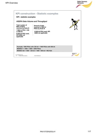 RN31572EN20GLA1
KPI Overview
117
Soc Classification level
117 © Nokia Siemens Networks RN31572EN20GLA1
TotalTotal numbernumber ofof
MACMAC--dd PDUsPDUs
receivedreceived byby NodeNode BB
11 MACMAC--dd PDU = 336PDU = 336
oror 656656 bitbit
IfIf 656656 bitbit PDUPDU usedused,,
KPI 608AKPI 608A notnot
applicableapplicable
AmountAmount ofof datadata
receivedreceived inin MACMAC--dd
PDUsPDUs byby NodeNode BB
ExampleExample: 1000: 1000 PDUsPDUs withwith 336336 bitbit + 1000+ 1000 PDUsPDUs withwith 656656 bitbit
M5000C7 = 1000 + 1000 = 2000M5000C7 = 1000 + 1000 = 2000 PDUsPDUs
M5000C126 = 1000 * 336M5000C126 = 1000 * 336 bitbit + 1000 * 656+ 1000 * 656 bitbit = 992= 992 KbitKbit
IfIf 656656 bitbit PDUPDU usedused, KPI, KPI
606B606B notnot applicableapplicable
HSDPA Data Volume and Throughput
KPI - statistic examples
KPI construction - Statistic examples
 