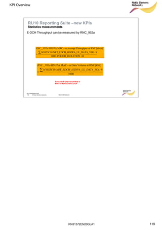 RN31572EN20GLA1
KPI Overview
119
Soc Classification level
119 © Nokia Siemens Networks RN31572EN20GLA1
E-DCH Throughput can be measured by RNC_952a
60ATIONPERIOD_DUR1000
8TA_VOLSDPA_UL_DANRT_EDCH_HM1023C10
[kbit/s]RNCatThroughputAveragees-MACHSUPA952_
⋅⋅
⋅
=

aRNC
1000
8101023
[kbit]RNCatVolumeDataes-MACHSUPA931_
 ⋅
=
ATA_VOLHSDPA_UL_DNRT_EDCH_CM
aRNC
Amount of data transmitted in
MAC-es PDUs over E-DCH
RU10 Reporting Suite –new KPIs
Statistics measurementsStatistics measurements
 