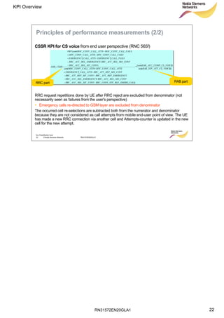 RN31572EN20GLA1
KPI Overview
22
Soc Classification level
22 © Nokia Siemens Networks RN31572EN20GLA1
Principles of performance measurements (2/2)
CSSR KPI for CS voice from end user perspective (RNC 565f)
RRC request repetitions done by UE after RRC reject are excluded from denominator (not
necessarily seen as failures from the user's perspective)
• Emergency calls re-directed to GSM layer are excluded from denominator
The occurred cell re-selections are subtracted both from the numerator and denominator
because they are not considered as call attempts from mobile end-user point of view. The UE
has made a new RRC connection via another cell and Attempts-counter is updated in the new
cell for the new attempt.
))____(
)____((
*
)_________
_______
_______
______
______(
)____
_______
____
______
______((*100
_
VOICECSATTSTPRABsum
VOICECSCOMPACCRABsum
CALLEMERGREJSTPCONNRRCCONVMTRELACCRRC
CONVMORELACCRRCEMERGENCYRELACCRRC
EMERGENCYREPATTRRCCONVMTREPATTRRC
CONVMOREPATTRRCATTSCALLEMERGENCY
ATTSCALLCONVMTCATTSCALLCONVMOCsum
CONVMTRELACCRRC
CONVMORELACCRRCEMERGENCYRELACCRRC
FAILSCALLEMERGENCYATTSCALLEMERGENCY
FAILSCALLCONVMTCATTSCALLCONVMTC
FAILSCALLCONVMOCATTSCALLCONVMOCsum
CSSRAMR
−−
−−
−−
−+
+
−
−−
−+
−+
−
=
RRC part RAB part
 