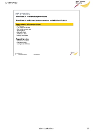 RN31572EN20GLA1
KPI Overview
25
Soc Classification level
25 © Nokia Siemens Networks RN31572EN20GLA1
KPI overview
Principles of 3G network optimizations
Principles of performance measurements and KPI classification
Examples for KPI construction
- KPI Factors
- Call Setup failure rate,
- Call Setup success rate
- Blocking Rate,
- Call Drop Rate,
- HO Failure Rate
- Statistic examples
Reporting suites
- Classes of counters,
- main existing KPI
- examples of statistics
 