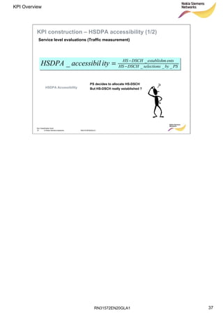 RN31572EN20GLA1
KPI Overview
37
Soc Classification level
37 © Nokia Siemens Networks RN31572EN20GLA1
PSbyselectionsDSCHHS
entsestablishmDSCHHS
ityaccessibilHSDPA ___
_
_ −
−
=
PS decides to allocate HS-DSCH
But HS-DSCH really established ?HSDPA Accessibility
Service level evaluations (Traffic measurement)
KPI construction – HSDPA accessibility (1/2)
 
