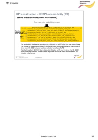 RN31572EN20GLA1
KPI Overview
38
Soc Classification level
38 © Nokia Siemens Networks RN31572EN20GLA1
%100
ERS_BGR)X_HSDPA_USDCH_SEL_MA4761002ERS_INTX_HSDPA_USDCH_SEL_MA4751002
TAL_BGR_IUB_HS_TOSETUP_FAILM1002C425CH_BGR_BTS_HS_DSSETUP_FAILM1002C424
H_BGR_UE_HS_DSCSETUP_FAILM1002C423CH_BGR_RNC_HS_DSSETUP_FAILM1002C421
TAL_INT_IUB_HS_TOSETUP_FAILM1002C417CH_INT_BTS_HS_DSSETUP_FAILM1002C416
H_INT_UE_HS_DSCSETUP_FAILM1002C415CH_INT_RNC_HS_DSSETUP_FAILM1002C413
H_RET_BGRREJ_HS_DSCM1002C402H_RET_INTREJ_HS_DSCM1002C401
ERS_BGRX_HSDPA_USDCH_SEL_MAM1002C476ERS_INTX_HSDPA_USDCH_SEL_MAM1002C475
RCH_FLOW_BGALLO_HS_DSM1002C389TCH_FLOW_INALLO_HS_DSM1002C385
RCH_FLOW_BGALLO_HS_DSM1002C389TCH_FLOW_INALLO_HS_DSM1002C385
605_ ⋅
++
++
++
++
++
++
++
++
+
=
CMCM
bRNC
Setup
failures
Rejections (radio
resources, too
much HSDPA users
Service level evaluations (Traffic measurement)
KPI construction – HSDPA accessibility (2/2)
Successful establishment
• The accessibility of all started allocations for HS-DSCH for NRT Traffic from user point of view
• The number of times when HS-DSCH channel has been established divided by the number of
times when HS-DSCH channel has been selected by cell specific PS
• Also the times that HS-DSCH channel selection fails due to UE and the times the HS_DSCH
would have been selected but the number of possible HS-DSCH users were exceeded are
included in the formula
 