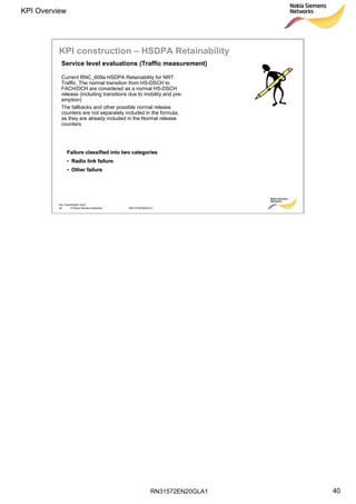 RN31572EN20GLA1
KPI Overview
40
Soc Classification level
40 © Nokia Siemens Networks RN31572EN20GLA1
Current RNC_609a HSDPA Retainability for NRT
Traffic. The normal transition from HS-DSCH to
FACH/DCH are considered as a normal HS-DSCH
release (including transitions due to mobility and pre-
emption)
The fallbacks and other possible normal release
counters are not separately included in the formula,
as they are already included in the Normal release
counters
Failure classified into two categoriesFailure classified into two categories
•• Radio link failureRadio link failure
•• Other failureOther failure
Service level evaluations (Traffic measurement)
KPI construction – HSDPA Retainability
 
