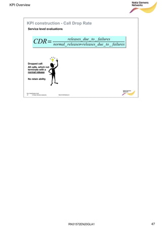 RN31572EN20GLA1
KPI Overview
47
Soc Classification level
47 © Nokia Siemens Networks RN31572EN20GLA1
failurestoduereleasesreleasesnormal
failurestoduereleases
CDR ____
___
+=
Service level evaluations
KPI construction - Call Drop Rate
Dropped call:Dropped call:
All calls, which notAll calls, which not
terminate with aterminate with a
normal releasenormal release
No retain abilityNo retain ability
 