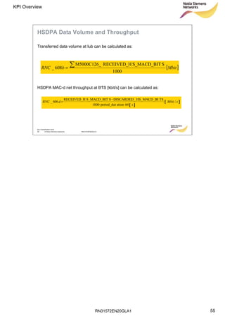 RN31572EN20GLA1
KPI Overview
55
Soc Classification level
55 © Nokia Siemens Networks RN31572EN20GLA1
HSDPA Data Volume and Throughput
Transferred data volume at Iub can be calculated as:
HSDPA MAC-d net throughput at BTS [kbit/s] can be calculated as:
[ ]
[ ]sMbitdRNC /
s60ationperiod_dur1000
TSHS_MACD_BIDISCARDED_-SS_MACD_BITRECEIVED_H
606_
⋅⋅
=
[ ]MbitbRNC
1000
SS_MACD_BITRECEIVED_HM5000C126_
608_
=
 