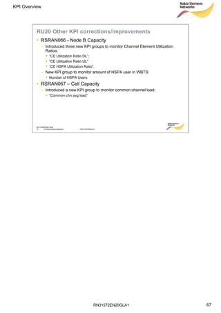 RN31572EN20GLA1
KPI Overview
67
Soc Classification level
67 © Nokia Siemens Networks RN31572EN20GLA1
RU20 Other KPI corrections/improvements
• RSRAN066 - Node B Capacity
– Introduced three new KPI groups to monitor Channel Element Utilization
Ratios:
 “CE Utilization Ratio DL”;
 “CE Utilization Ratio UL”
 “CE HSPA Utilization Ratio”.
– New KPI group to monitor amount of HSPA user in WBTS:
 Number of HSPA Users
• RSRAN067 – Cell Capacity
– Introduced a new KPI group to monitor common channel load:
 “Common chn avg load”
 