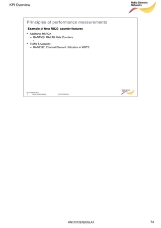 RN31572EN20GLA1
KPI Overview
74
Soc Classification level
74 © Nokia Siemens Networks RN31572EN20GLA1
• Additional HSPDA
– RAN1509: RAB Bit Rate Counters
-
• Traffic & Capacity
– RAN1312: Channel Element Utilization in WBTS
Principles of performance measurements
Example of New RU20 counter features
 