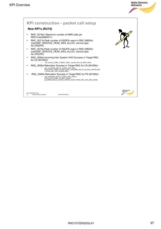 RN31572EN20GLA1
KPI Overview
97
Soc Classification level
97 © Nokia Siemens Networks RN31572EN20GLA1
• RNC_5016a= Maximum number of AMR calls per
RNC=max(M802C1)
• RNC_5017a Peak number of HSDPA users in RNC (M609)=
max(DSP_SERVICE_PEAK_RES_ALLOC, service type
ALLHSDPA)
• RNC_5018a Peak number of HSUPA users in RNC (M609)=
max(DSP_SERVICE_PEAK_RES_ALLOC, service type
ALLHSUPA)
• RNC_5004a Incoming Inter System HHO Success in Target RNC
for CS (M1009)=
– 100* sum(IS_COMPL_TARGET_RNC) / sum(IS_HHO_IN_PREP_REQ)
• RNC_5008a Relocation Success in Target RNC for CS (M1009)=
– 100 * sum(SRNS_RELOC_COMPL_RNC_MSC +
INTER_HHO_COMPL_IN_RNC_MSC) / sum(SRNS_RELOC_IN_REQ_CONTR_MSC
+ INTER_RNC_HHO_IN_REQ_MSC)
• RNC_5009a Relocation Success in Target RNC for PS (M1009)=
– 100* sum(SRNS_RELOC_COMPL_RNC_SGSN +
INTER_HHO_COMPL_IN_RNC_SGSN) /
sum(SRNS_RELOC_IN_REQ_CONTR_SGSN+ INTER_RNC_HHO_REQ_SGSN)
New KPI’s (RU10)
KPI construction - packet call setup
 