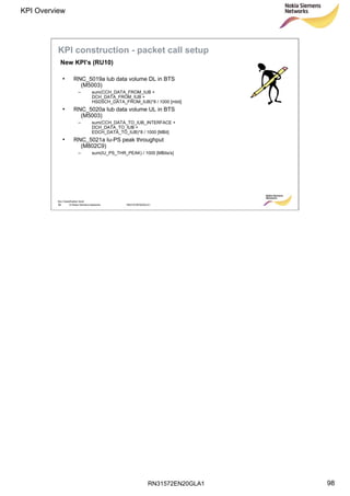 RN31572EN20GLA1
KPI Overview
98
Soc Classification level
98 © Nokia Siemens Networks RN31572EN20GLA1
• RNC_5019a Iub data volume DL in BTS
(M5003)
– sum(CCH_DATA_FROM_IUB +
DCH_DATA_FROM_IUB +
HSDSCH_DATA_FROM_IUB)*8 / 1000 [mbit]
• RNC_5020a Iub data volume UL in BTS
(M5003)
– sum(CCH_DATA_TO_IUB_INTERFACE +
DCH_DATA_TO_IUB +
EDCH_DATA_TO_IUB)*8 / 1000 [MBit]
• RNC_5021a Iu-PS peak throughput
(M802C9)
– sum(IU_PS_THR_PEAK) / 1000 [MBits/s]
New KPI’s (RU10)
KPI construction - packet call setup
 