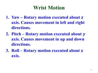 Wrist Motion
1. Yaw – Rotary motion executed about 𝑧
axis. Causes movement in left and right
directions.
2. Pitch – Rotary motion executed about 𝑦
axis. Causes movement in up and down
directions.
3. Roll – Rotary motion executed about 𝑥
axis.
13
 