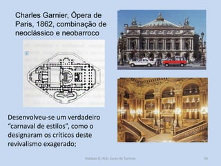 Charles Garnier, Ópera de
Paris, 1862, combinação de
neoclássico e neobarroco

Desenvolveu-se um verdadeiro
“carnaval de estilos”, como o
designaram os críticos deste
revivalismo exagerado;
Módulo 8, HCA, Curso de Turismo

24

 