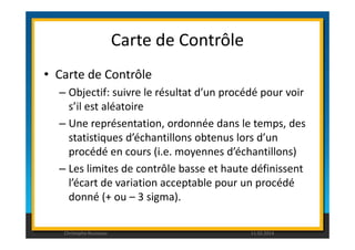 Carte de Contrôle 
• Carte de Contrôle 
– Objectif: suivre le résultat d’un procédé pour voir 
s’il est aléatoire 
– Une représentation, ordonnée dans le temps, des 
statistiques d’échantillons obtenus lors d’un 
procédé en cours (i.e. moyennes d’échantillons) 
– Les limites de contrôle basse et haute définissent 
l’écart de variation acceptable pour un procédé 
donné (+ ou – 3 sigma). 
Christophe Rousseau 11.02.2014 
 