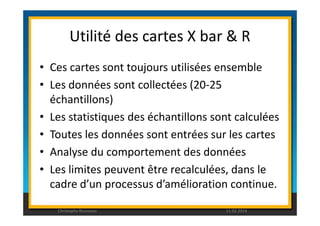 Utilité des cartes X bar  R 
• Ces cartes sont toujours utilisées ensemble 
• Les données sont collectées (20-25 
échantillons) 
• Les statistiques des échantillons sont calculées 
• Toutes les données sont entrées sur les cartes 
• Analyse du comportement des données 
• Les limites peuvent être recalculées, dans le 
cadre d’un processus d’amélioration continue. 
Christophe Rousseau 11.02.2014 
 