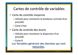 Cartes de contrôle de variables 
• Carte de contrôle moyenne 
– Utilisée pour monitorer la tendance centrale d’un 
procédé. 
– Carte X bar 
• Carte de controle des écarts 
– Utilisée pour monitorer la dispersion d’un 
procédé. 
– Carte R 
Les Variables générent des données qui sont 
mesurées. 
Christophe Rousseau 11.02.2014 
 