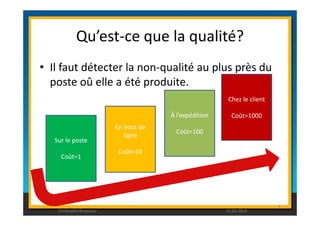 Qu’est-ce que la qualité? 
• Il faut détecter la non-qualité au plus près du 
poste oû elle a été produite. 
À l’expédition 
Chez le client 
Coût=1000 
6 
Sur le poste 
Coût=1 
En bout de 
ligne 
Coût=10 
Coût=100 
Christophe Rousseau 11.02.2014 
 