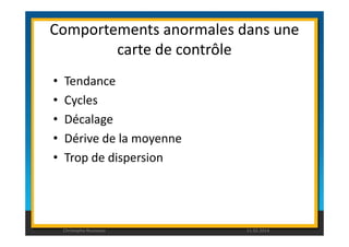Comportements anormales dans une 
• Tendance 
• Cycles 
• Décalage 
carte de contrôle 
• Dérive de la moyenne 
• Trop de dispersion 
Christophe Rousseau 11.02.2014 
 