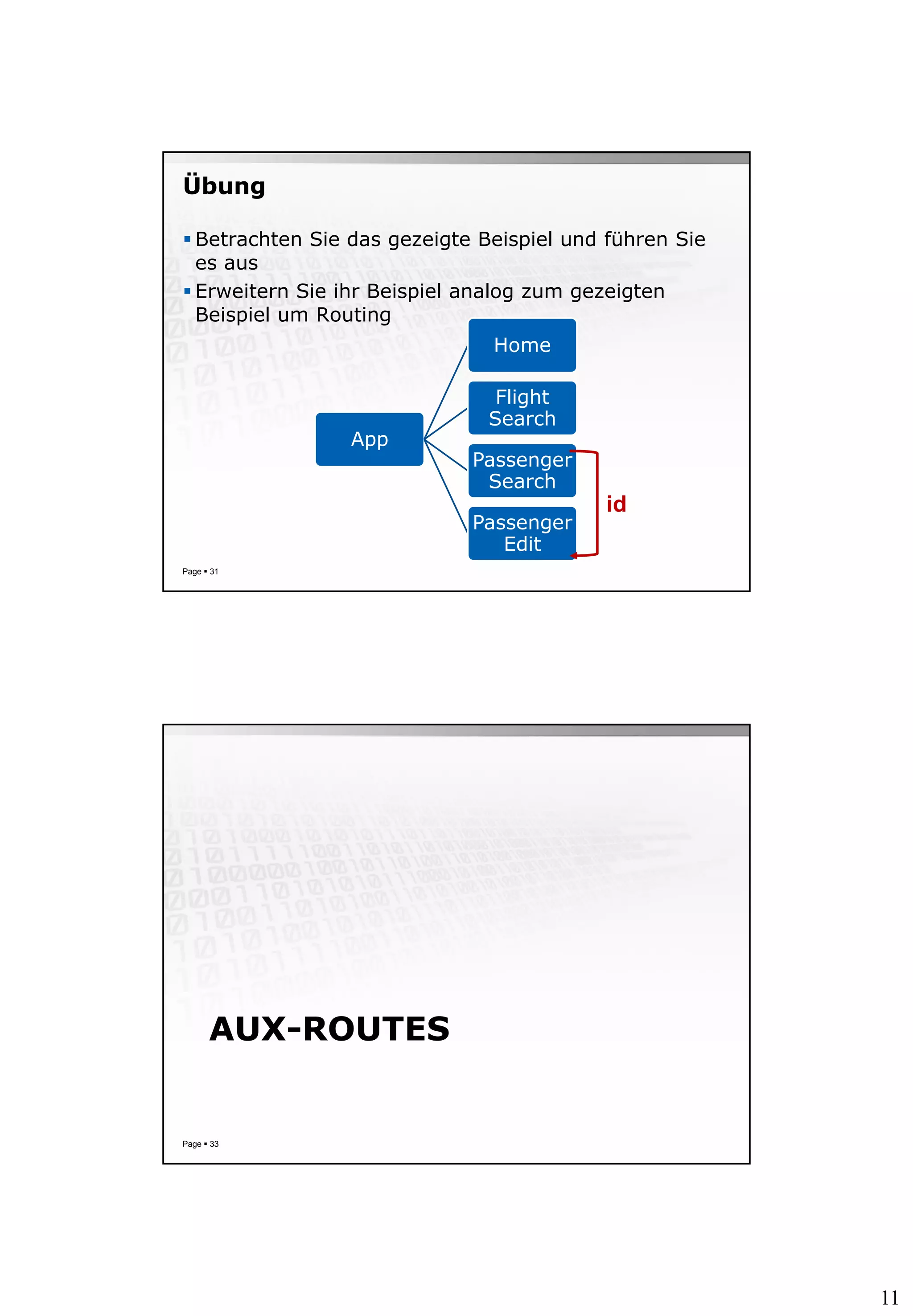11
Übung
 Betrachten Sie das gezeigte Beispiel und führen Sie
es aus
 Erweitern Sie ihr Beispiel analog zum gezeigten
Beispiel um Routing
Page  31
App
Home
Flight
Search
Passenger
Search
Passenger
Edit
id
AUX-ROUTES
Page  33
 