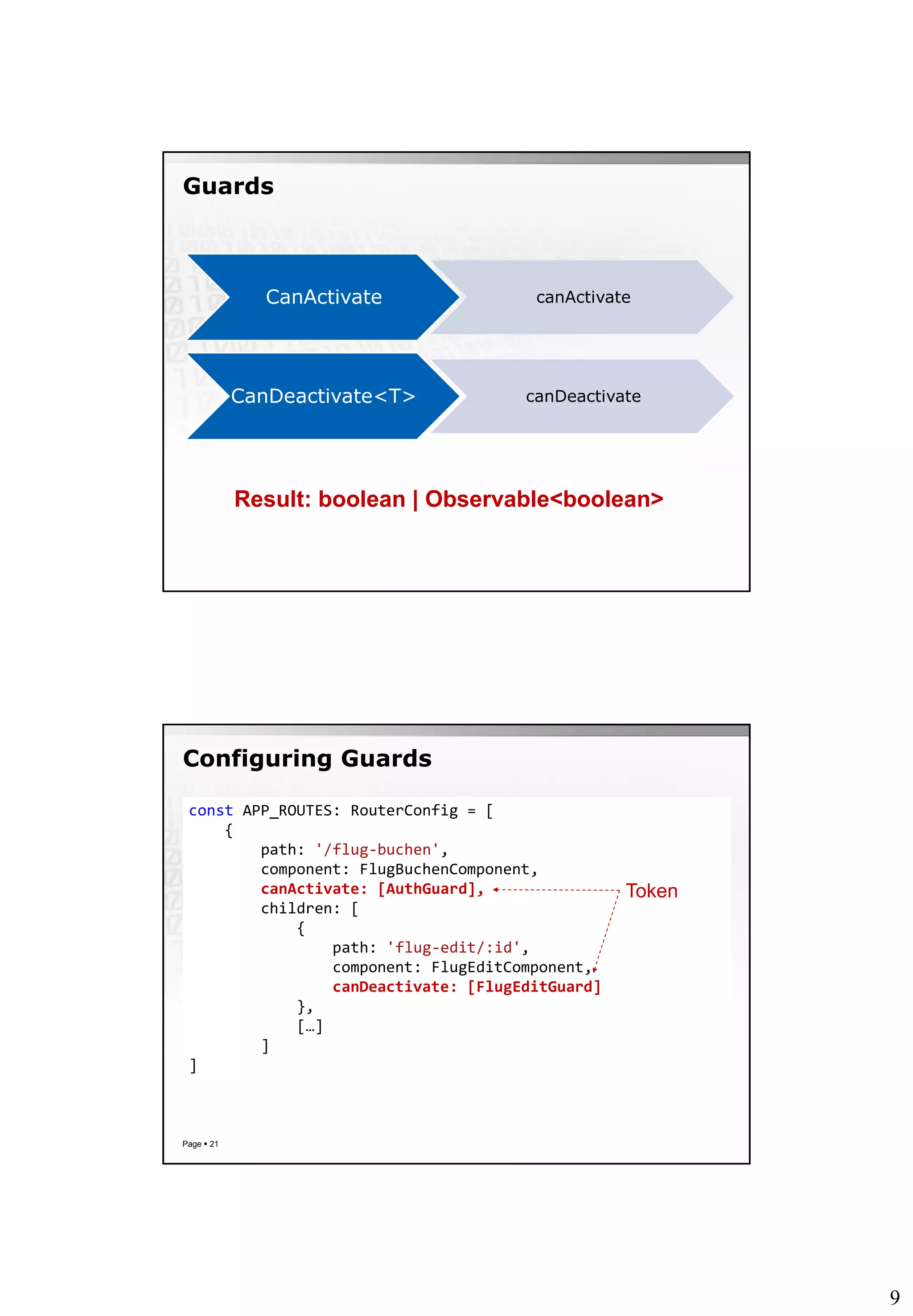 9
Guards
CanActivate canActivate
CanDeactivate<T> canDeactivate
Result: boolean | Observable<boolean>
Configuring Guards
Page  21
const APP_ROUTES: RouterConfig = [
{
path: '/flug-buchen',
component: FlugBuchenComponent,
canActivate: [AuthGuard],
children: [
{
path: 'flug-edit/:id',
component: FlugEditComponent,
canDeactivate: [FlugEditGuard]
},
[…]
]
]
Token
 
