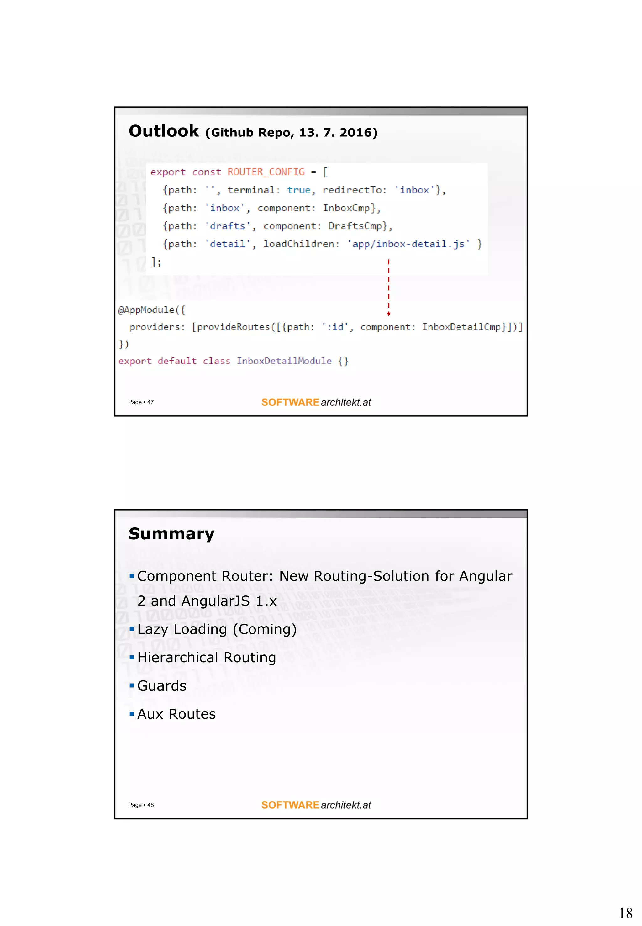 18
Outlook (Github Repo, 13. 7. 2016)
Page  47
Summary
 Component Router: New Routing-Solution for Angular
2 and AngularJS 1.x
 Lazy Loading (Coming)
 Hierarchical Routing
 Guards
 Aux Routes
Page  48
 
