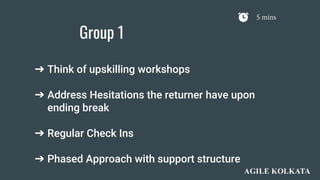 Group 1
5 mins
➔ Think of upskilling workshops
➔ Address Hesitations the returner have upon
ending break
➔ Regular Check I...