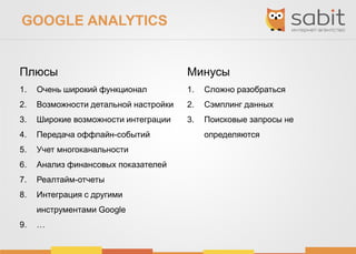 GOOGLE ANALYTICS
Плюсы
1. Очень широкий функционал
2. Возможности детальной настройки
3. Широкие возможности интеграции
4. Передача оффлайн-событий
5. Учет многоканальности
6. Анализ финансовых показателей
7. Реалтайм-отчеты
8. Интеграция с другими
инструментами Google
9. …
Минусы
1. Сложно разобраться
2. Сэмплинг данных
3. Поисковые запросы не
определяются
 