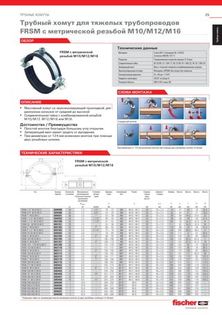 25ТРУБНЫЕ ХОМУТЫ
ServiceТрубныехомуты
Installation
SystemMS-L
Installation
SystemMS
Installation
SystemFUS
InstallationGrid
Fixpointand
SlidingElements
Airductand
Metalrooffixings
Accessories
StainlessSteel
InstallationSystem
Airconditioner
fixings
ElectricalfixingsSanitaryfixingsRadiatorfixings
Plugsand
Anchors
Трубный хомут для тяжелых трубопроводов
FRSM с метрической резьбой M10/M12/M16
FRSM с метрической
резьбой M10/M12/M16
Стандартнай монтаж
При диаметрах от 124 мм возможен монтаж при помощи двух резьбовых шпилек по бокам
СХЕМА МОНТАЖА
ОБЗОР
Технические данные
Материал Сталь DD11 (материал № 1.0332)
Согласно DIN EN 10111
Покрытие Гальваническое покрытие цинком, 5–9 мкм
Соединительная гайка M 10/M 12 = SW 17, M 12/M 16 = SW 22, M 16 = SW 24
Запирающий винт Винт с плоской головкой и комбинированным шлицем
Звукоизолирующая вставка Материал: sEPDM; без хлора; без силикона
Температурный диапазон От –50 до +110°С
Твердость прокладки 45±5° по Шору А
Пожаростойкость DIN 4102: класс В2
ОПИСАНИЕ
▪ Массивный хомут со звукоизолирующей прокладкой, для
диапазона нагрузок от средней до высокой.
▪ Соединительная гайка с комбинированной резьбой
М10/М12, М12/М16 или М16.
Достоинства / Преимущества
▪ Простой монтаж благодаря большому углу открытия.
▪ Запирающий винт имеет защиту от выпадения.
▪ При диаметрах от 124 мм возможен монтаж при помощи
двух резьбовых шпилек.
Тип Артикул
изделия
Количество
в упаковке,
Максимальная
рекомендуемая
статическая нагрузка
(центральное
растяжение)
Условный
размер
трубы
Диаметр
трубы
Запирающий
винт
Резьба Соедини-
тельная
гайка,
высота,
Ширина ×
толщина
Ширина Высота Высота Высота Высота
Nrecom. D A b x s B H Z Z1 Z2
шт. кН дюймы мм мм мм мм мм мм мм мм
FRSM 1/2” M10/M12 504589 50 2.5 1/2”  19 –  23 M6 M10 / M12 20 25 x 2.5  76  47 38 18 26.5
FRSM 3/4” M10/M12 504590 50 2.5 3/4”  24 –  29 M6 M10 / M12 20 25 x 2.5  82  53 41 21 29.5
FRSM 1” M10/M12 504591 50 2.5 1”  33 –  36 M6 M10 / M12 20 25 x 2.5  89  60 44.5 24.5 33
FRSM 1 1/4” M10/M12 504592 20 2.5 1 1/4”  40 –  45 M6 M10 / M12 20 25 x 2.5  98  69 49 29 37.5
FRSM 1 1/2” M10/M12 093700 20 2.5 1 1/2”  47 –  52 M6 M10 / M12 20 25 x 2.5 105  76 52.5 32.5 41
FRSM 53 - 58 M10/M12 093701 20 2.5 –  53 –  58 M6 M10 / M12 20 25 x 2.5 111  82 55.5 35.5 44
FRSM 2” M10/M12 093702 20 2.5 2”  60 –  65 M6 M10 / M12 20 25 x 2.5 118  89 59 39 47.5
FRSM 2 1/2” M10/M12 093703 20 3.0 2 1/2”  73 –  78 M8 M10 / M12 20 30 x 3.0 136 105 68.5 48.5 57
FRSM 79- 85 M10/M12 504593 20 3.0 –  79 –  85 M8 M10 / M12 20 30 x 3.0 144 112 72 52 60.5
FRSM 3” M10/M12 093704 20 3.0 3”  88 –  93 M8 M10 / M12 20 30 x 3.0 152 120 76 56 64.5
FRSM 102 M10/M12 093705 20 3.0 – 100 – 106 M8 M10 / M12 20 30 x 3.0 166 133 82.5 62.5 71
FRSM 4” M10/M12 093707 20 3.0 4” 108 – 116 M8 M10 / M12 20 30 x 3.0 175 143 87.5 67.5 76
FRSM 124 - 129 M10/M12 093709 20 3.0 – 124 – 129 M8* M10 / M12 20 30 x 3.0 194 154 94 74 82.5
FRSM 133 M10/M12 093710 20 3.0 – 131 – 137 M8* M10 / M12 20 30 x 3.0 202 162 98 78 86.5
FRSM 5” M10/M12 093711 20 3.0 5” 138 – 145 M8* M10 / M12 20 30 x 3.0 210 170 102 82 90.5
FRSM 160 M10/M12 093712 20 3.0 – 156 – 162 M8* M10 / M12 20 30 x 3.0 227 187 111 90.5 99
FRSM 6” M10/M12 093713 20 3.0 6” 165 – 171 M8* M10 / M12 20 30 x 3.0 255 193 115 95 103.5
FRSM 7” M10/M12 093714 10 3.0 7” 188 – 194 M8* M10 / M12 20 30 x 3.0 278 216 127 107 115.5
FRSM 200 M10/M12 093715 10 3.0 – 196 – 203 M8* M10 / M12 20 30 x 3.0 287 225 131 111 119.5
FRSM 212 M12/M16 505453 10 6.0 – 205 – 214 M12* M12 / M16 30 40 x 4.0 289 244 149 119 127.5
FRSM 8” M12/M16 505454 10 6.0 8” 219 – 225 M12* M12 / M16 30 40 x 4.0 300 255 154 124 132.5
FRSM 250 M12/M16 505455 10 6.0 – 244 – 250 M12* M12 / M16 30 40 x 4.0 325 280 167 137 145.5
FRSM 10” M12/M16 505456 10 6.0 10” 267 – 273 M12* M12 / M16 30 40 x 4.0 348 303 178 148 156.5
FRSM 300 M12/M16 505457 10 6.0 – 297 – 304 M12* M12 / M16 30 40 x 4.0 379 334 194 164 172.5
FRSM 12” M12/M16 505458 10 6.0 12” 320 – 328 M12* M12 / M16 30 40 x 4.0 403 358 206 176 184.5
FRSM 348-356 M16 504594  1 10.0 – 348 – 356 M16* M16 24 50 x 5.0 480 394 213 189 –
FRSM 364-372 M16 504595  1 10.0 – 364 – 372 M16* M16 24 50 x 5.0 496 410 221 197 –
FRSM 400-409 M16 504596  1 10.0 – 400 – 409 M16* M16 24 50 x 5.0 533 447 240 216 –
FRSM 454-462 M16 504597  1 10.0 – 454 – 462 M16* M16 24 50 x 5.0 586 500 266 242 –
FRSM 500-508 M16 504598  1 10.0 – 500 – 508 M16* M16 24 50 x 5.0 632 546 289 265 –
* Отдельная гайка на запирающих винтах (возможен монтаж на двух резьбовых шпильках по бокам)
ТЕХНИЧЕСКИЕ ХАРАКТЕРИСТИКИ
FRSM с метрической
резьбой M10/M12/M16
 