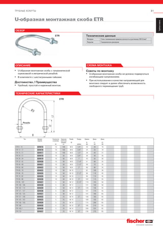 31ТРУБНЫЕ ХОМУТЫ
ServiceТрубныехомуты
Installation
SystemMS-L
Installation
SystemMS
Installation
SystemFUS
InstallationGrid
Fixpointand
SlidingElements
Airductand
Metalrooffixings
Accessories
StainlessSteel
InstallationSystem
Airconditioner
fixings
ElectricalfixingsSanitaryfixingsRadiatorfixings
Plugsand
Anchors
U-образная монтажная скоба ETR
ETR
ОБЗОР
Технические данные
Материал Сталь с минимальным пределом прочности на растяжение 360 Н/мм2
Покрытие Гальваническое цинкование
ОПИСАНИЕ
▪ U-образная монтажная скоба с гальванической
оцинковкой и метрической резьбой.
▪ В комплекте с шестигранными гайками.
Достоинства / Преимущества
▪ Удобный, простой и надежный монтаж.
СХЕМА МОНТАЖА
Советы по монтажу
▪ U-образная монтажная скоба не должна подвергаться
изгибающим напряжениям.
▪ При использовании в качестве направляющей для
монтажа следует и далее обеспечить возможность
свободного перемещения труб.
ETR
ETR 8 - 13 024415 10 100 M 6 1/4” 20 30 18
ETR 12 - 17 024416 10 100 M 6 3/8” 24 35 18
ETR 15 - 21 024417 10 100 M 6 1/2” 28 40 22
ETR 20 - 27 024418 10 50 M 8 3/4” 36 50 30
ETR 26 - 34 024419 10 50 M 8 1” 43 55 30
ETR 33 - 42 024420 10 50 M 8 1 1/4” 51 68 35
ETR 40 - 49 024421 10 50 M 8 1 1/2” 58 70 35
ETR 50 - 60 024422 10 50 M 8 2” 69 80 35
ETR 60 - 70 024423 10 50 M 10 - 82 100 38
ETR 66 - 76 024424 10 50 M 10 2 1/2” 88 110 45
ETR 70 - 82 024425 10 50 M 10 - 94 115 45
ETR 80 - 90 024426 10 50 M 10 3” 102 115 45
ETR 90 - 102 024427 5 50 M 12 3 1/2” 116 145 50
ETR 100 - 108 024428 5 50 M 12 - 122 150 50
ETR 102 - 114 024429 5 50 M 12 4” 128 156 55
ETR 121 - 127 024430 5 50 M 12 - 141 170 55
ETR 126 - 133 024431 5 50 M 12 - 147 180 65
ETR 131 - 140 024432 5 25 M 14 5” 156 185 65
ETR 143 - 153 024433 5 25 M 14 - 169 193 65
ETR 150 - 159 024434 5 25 M 14 - 175 200 65
ETR 168 024435 5 25 M 14 6” 184 210 65
ETR 193,7 024436 5 25 M 14 - 209 232 65
ETR 219 024437 5 25 M 14 8” 236 270 65
ТЕХНИЧЕСКИЕ ХАРАКТЕРИСТИКИ
Тип Артикул
изделия
Количество
в упаковке,
шт.
Наружная
картонная
упаковка,
шт.
Резьба
М
Размер,
дюймы
Ширина
В,
мм
Длина
L1,
мм
Длина
L2,
мм
Резьба
 