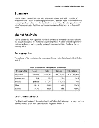 Stewart Lake State Park Business Plan



Summary
Stewart Lake’s competitive edge is its large water surface area with 23+ miles of
shoreline within 2 hours of a major population area. The area needs to accommodate a
broad range of recreation opportunities to attract users with different expectations. The
mix of uses, associated facilities, and management capabilities have to be financially
sound.


Market Analysis
Stewart Lake State Park’s primary customers are boaters form the Wasatch Front area
and anglers throughout the State and neighboring States. Current demand is primarily
for improved access and regress for boats and improved facilities (hookups, docks,
camping, etc.).


Demographics
The makeup of the population that recreates at Stewart Lake State Park is identified in
table 5.


                  Table 5.—Summary of demographic information

  Demographic          Local           State         National        International

 Population           1,932,967       2,550,063      296,410,404      6,451,392,455

 Average age               28.4             28.5             36.4              26.9

 Income                 $74,078         $47,934          $46,242                N/A

 Male                     50.1%           50.1%              49%              50.4%

 Female                   49.9%           49.9%              51%              49.6%



User Characteristics
The Division of Parks and Recreation has identified the following users or target markets
currently served by the park’s facilities and programs in table 6.




                                                                                            7
 
