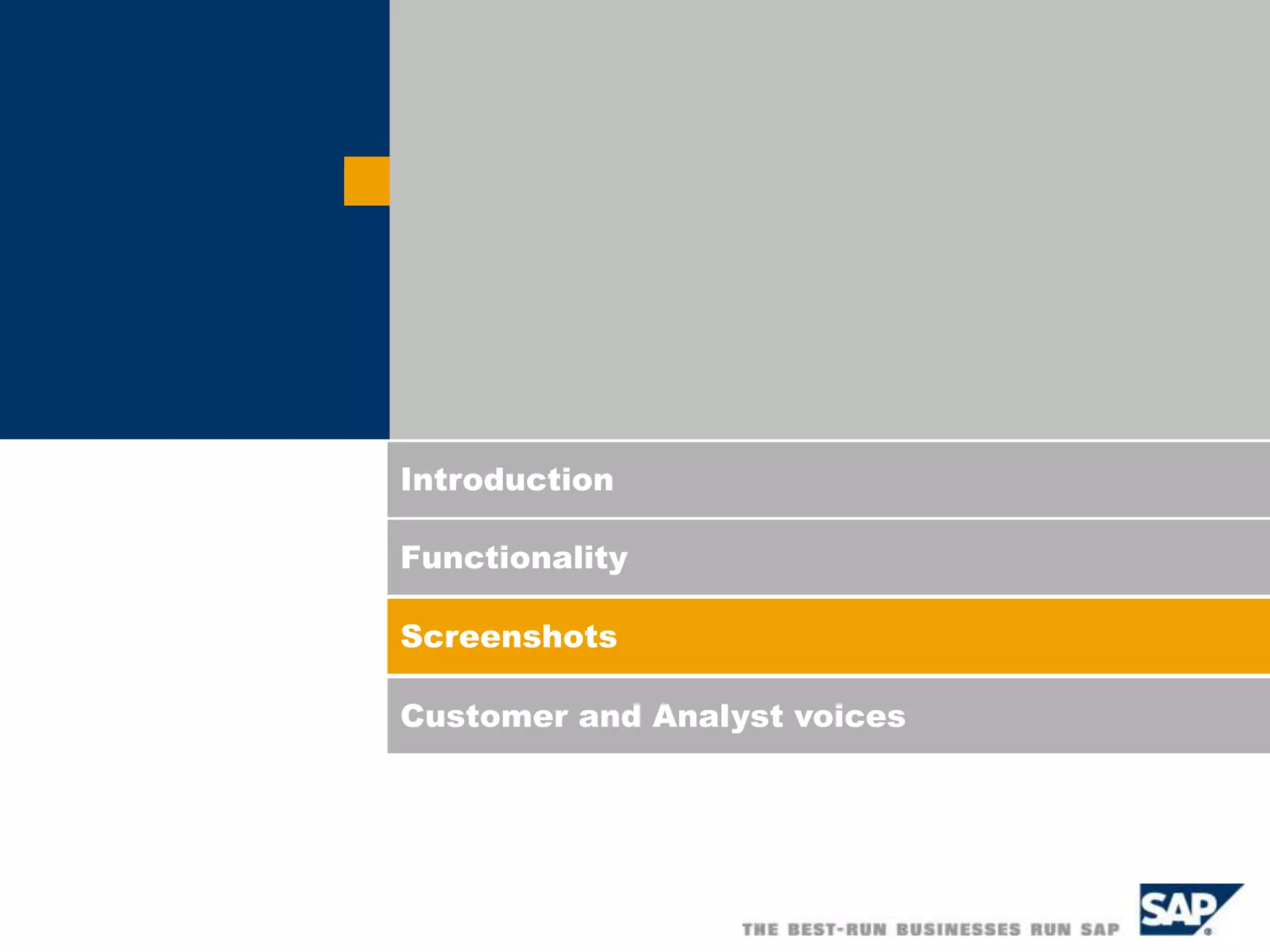 Introduction
Functionality
Screenshots
Customer and Analyst voices
 