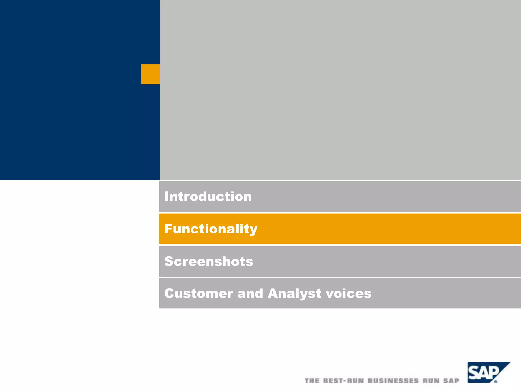 Introduction
Functionality
Screenshots
Customer and Analyst voices
 