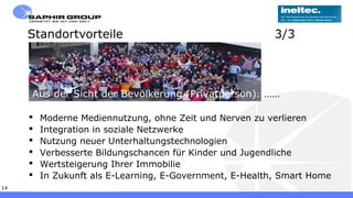 Freitag, 13. September 201314
 Moderne Mediennutzung, ohne Zeit und Nerven zu verlieren
 Integration in soziale Netzwerke
 Nutzung neuer Unterhaltungstechnologien
 Verbesserte Bildungschancen für Kinder und Jugendliche
 Wertsteigerung Ihrer Immobilie
 In Zukunft als E-Learning, E-Government, E-Health, Smart Home
Standortvorteile 3/3
Aus der Sicht der Bevölkerung (Privatperson)..…….
 