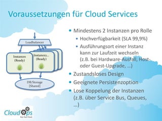 Voraussetzungen für Cloud Services
                                     Mindestens 2 Instanzen pro Rolle
                                        Hochverfügbarkeit (SLA 99,9%)
         Loadbalancer
                                        Ausführungsort einer Instanz
                        Instance2
                     Instance2
                 Instance2…
                                         kann zur Laufzeit wechseln
 Instance1               (Ready)
                      (Ready)
  (Ready)          (Ready)               (z.B. bei Hardware-Ausfall, Host-
                                         oder Guest-Upgrade, …)
                                     Zustandsloses Design
             DB/Storage              Geeignete Persistenzoption
              [Shared]
                                     Lose Koppelung der Instanzen
                                      (z.B. über Service Bus, Queues,
                                      …)
 