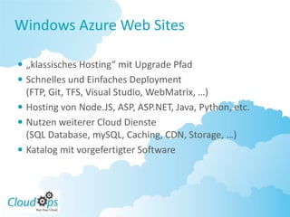Windows Azure Web Sites

 „klassisches Hosting“ mit Upgrade Pfad
 Schnelles und Einfaches Deployment
  (FTP, Git, TFS, Visual Studio, WebMatrix, …)
 Hosting von Node.JS, ASP, ASP.NET, Java, Python, etc.
 Nutzen weiterer Cloud Dienste
  (SQL Database, mySQL, Caching, CDN, Storage, …)
 Katalog mit vorgefertigter Software
 