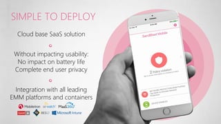 SIMPLE TO DEPLOY
Integration with all leading
EMM platforms and containers
Cloud base SaaS solution
Without impacting usability:
No impact on battery life
Complete end user privacy
 
