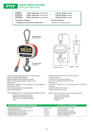 - Crochet peseur ultra léger avec manille et crochet tournantes.
- Capteur de pesage extenso métrique.
- Manille supérieure et crochet inférieur tournantes.
- Afﬁcheur à LCD rouge rétro éclairé, 5 digits de 20 mm.
- Boîtier en ABS.
- Alimentation: 4 batteries AA 1.5V, autonomie d’environ 80 heures de
fonctionnement continu.
- Arrêt automatique après 30 minutes d’inactivité.
- Alarme sonore poids stable.
- TÉLÉCOMMANDE jusqu’à 10 m de distance avec les fonctions suivantes:
Remise à zéro de la tare (poids net)
Modiﬁcation de la division de lecture
Activation rétro-éclairage de l’afﬁcheur
Arrêt
CROCHET PESEUR ULTRA LÉGER
ULTRA-LIGHT CRANE SCALEDTEPDTEP
- Ultra-light crane scale with swivel shackle and swivel hook.
- Strain gauge load cell.
- Top swivel shackle and bottom swivel hook.
- Five-digit LCD backlighting display (20 mm high).
- ABS plastic case.
- Power supply: 4 batteries AA 1.5V, 80-hour operating time of continuous
functioning.
- Automatic shutdown after 30 minutes.
- Steady-state alarm (beep) enabled.
- REMOTE-CONTROL (max distance10 m) with following functions:
Tare zero-setting (net weight)
Changing the reading division
Backlight enabling.
Turning off
CARACTÉRISTIQUES TECNIQUESCARACTÉRISTIQUES TECNIQUES TECHNICAL FEATURESTECHNICAL FEATURES
CLASSE DE PRÉCISION (% sur la Pleine Échelle)
DEGRÉ DE PROTECTION
SURCHARGE STATIQUE ADMISSIBLE (% sur P.É.)
CHARGE DE RUPTURE (% sur P.É.)
TEMPÉRATURE DE FONCTIONNEMENT
HUMIDITÉ SANS CONDENSATION
+/- 0.05 % Full Scale
IP 54
150 % F.S.
200 % F.S.
-10 / +40°C
10 - 90 %
ACCURACY CLASS (% of Full Scale)
PROTECTION RATING
SAFE OVERLOAD (% of Full Scale)
ULTIMATE OVERLOAD (% of Full Scale)
OPERATING TEMPERATURE RANGE
HUMIDITY (condensate free)
Dimensions mm
weight = 1.2 kg
Crochet tournant
(Swivel hook)
Manille tournante
(Swivel shackle)
DTEP50 50 kg portée max. / nominal load . . . . . . . . . . . . . 0.01 kg division / division . . . . . . . . . . . . . . . .
DTEP150 150 kg portée max. / nominal load . . . . . . . . . . . . . 0.02 kg division / division . . . . . . . . . . . . . . . .
DTEP300 300 kg portée max. / nominal load . . . . . . . . . . . . . 0.05 kg division / division . . . . . . . . . . . . . . . .
OPTIONS SUR DEMANDE : OPTIONS ON REQUEST :
- CALIBRAGE avec CERTIFICAT DE TRAÇABILITÉ SIT . . . . . . . . . . . - Calibration with SIT traceability certiﬁcate . . . . . . . . . . . . . . . . . . .
10
 
