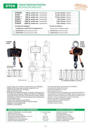 DTENDTEN
- Crane scale with shackle and hook (swivell for DTEN500-1)
- Five-digit red LED display (30 mm high).
- Remote-Control (distance max 10 m).
- Die-casting aluminium case.
- Power supply with internal rechargeable; power adapter 230VAC/9VDC to
recharge battery. 6V 5Ah battery for DTEN500-1 (autonomy: 80-hour ope-
rating time of continuous functioning); 6V 10Ah battery for DTEN3-5-10-20
(autonomy: 140-hour operating time of continuous functioning).
- HOLD function (block of the displayed weight).
- Individual weighing and weights totalization.
- Predetermined tare function.
- Net weight and gross indicator.
DTEN500
DTEN1
DTEN3
DTEN5
DTEN10
DTEN20
Crochet tournant
(Swivel hook)
DTEN500 500 kg portée max. / nominal load . . . . . . . . . . . . . 0.1 kg division / division . . . . . . . . . . . . . . . .
DTEN1 1000 kg portée max. / nominal load . . . . . . . . . . . . . 0.2 kg division / division . . . . . . . . . . . . . . . .
DTEN3 (3)
3000 kg portée max. / nominal load . . . . . . . . . . . . . 0.5 kg division / division . . . . . . . . . . . . . . . .
DTEN5 (4)
5000 kg portée max. / nominal load . . . . . . . . . . . . . 1 kg division / division . . . . . . . . . . . . . . . .
DTEN10 10000 kg portée max. / nominal load . . . . . . . . . . . . . 2 kg division / division . . . . . . . . . . . . . . . .
DTEN20 20000 kg portée max. / nominal load . . . . . . . . . . . . . 5 kg division / division . . . . . . . . . . . . . . . .
OPTIONS SUR DEMANDE : OPTIONS ON REQUEST :
- CALIBRAGE avec CERTIFICAT DE TRAÇABILITÉ SIT . . . . . . . . . . . - Calibration with SIT traceability certiﬁcate . . . . . . . . . . . . . . . . . . . .
- GANCIO3TGIR crochet tournant pour DTEN3. . . . . . . . . . . . . . . . . . . . . . . - GANCIO3TGIR swivel hook for DTEN3 . . . . . . . . . . . . . . . . . . . . . .
- GANCIO5TGIR crochet tournant pour DTEN5. . . . . . . . . . . . . . . . . . . . . . . - GANCIO5TGIR swivel hook for DTEN5 . . . . . . . . . . . . . . . . . . . . . .
(3)(3)
(4)(4)
Dimensions mm
mm DTEN500 DTEN1
A 360 375
B 85 85
C 25 25
Weight 4.5 kg 4.5 kg
mm DTEN3 DTEN5 DTEN10 DTEN20
A 500 590 750 950
B 92 112 130 220
C 41 58 60 80
D 74 90 95 140
E 32 35 55 75
Weight 16 kg 25 kg 38 kg 63 kg
E = ouverture de crochet / hook opening
CROCHET PESEUR MULTIFONCTION
MULTIFUNCTION CRANE SCALE
- Crochet peseur avec manille et crochet (tournant pour DTEN500-1).
- Afﬁcheur à LED rouge haute luminosité, 5 digits de 30 mm.
- Télécommande jusqu’à 10 m de distance.
- Boîtier en aluminium moulé.
- Alimentation avec batterie rechargeable; alimentateur 230Vca/9Vcc pour
le rechargement des batteries. Batterie de 6V/5Ah pour DTEN500-1
(autonomie d’environ 80 heures de fonctionnement continu); batterie
de 6V/10Ah pour DTEN 3-5-10-20 (autonomie d’environ 140 heures de
fonctionnement continu).
- Fonction HOLD (blocage du poids afﬁché).
- Totalisation des pesées individuelles et total des pesées.
- Réglage de la tare prédéterminée.
- Indication du poids net/brut.
CARACTÉRISTIQUES TECHNIQUESCARACTÉRISTIQUES TECHNIQUES TECHNICAL FEATURESTECHNICAL FEATURES
CLASSE DE PRÉCISION (% sur la Pleine Échelle)
DEGRÉ DE PROTECTION
MAX LECTURE PAR SECONDE
SURCHARGE STATIQUE ADMISSIBLE (% sur P.É.)
CHARGE DE RUPTURE (% sur P.É.)
TEMPÉRATURE DE FONCTIONNEMENT
HUMIDITÉ SANS CONDENSATION
+/- 0.03 % Full Scale
IP 64
10
150 % F.S.
400 % F.S.
-10°C / +40°C
10 - 90 %
ACCURACY CLASS (% of Full Scale)
PROTECTION RATING
MAX READINGS PER SECOND
SAFE OVERLOAD (% of Full Scale)
ULTIMATE OVERLOAD (% of Full Scale)
OPERATING TEMPERATURE RANGE
HUMIDITY (condensate free)
ADAPTÉS AUXPONTS ROULANTSSUITABLE FORBRIDGE CRANES
11
 