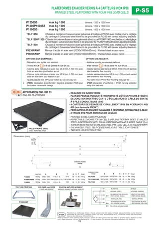P1250S5 max kg 1500 . . . . . . . . . . . . . . . . . . . . . . . dimens. 1250 x 1250 mm . . . . . . . . . . . . . . . . . . . . . . . . . . . . . . . . .
P1200P1500S5 max kg 1500 . . . . . . . . . . . . . . . . . . . . . . . dimens. 1200 x 1500 mm . . . . . . . . . . . . . . . . . . . . . . . . . . . . . . . . .
P1500S5 max kg 1500 . . . . . . . . . . . . . . . . . . . . . . . dimens. 1500 x 1500 mm . . . . . . . . . . . . . . . . . . . . . . . . . . . . . . . . .
TELP1250 Châssis à monter en fosse en acier galvanisé à froid pour P1250 avec brides pour le réglage
du centrage / Galvanized steel frame to be grounded for P1250 with center adjusting brackets
TELP1200P1500 ChâssisàmonterenfosseenaciergalvaniséàfroidpourP1200P1500avecbridespourleréglage
du centrage / Galvanized steel frame to be grounded for P1200P1500 with center adjusting brackets.
TELP1500 Châssis à monter en fosse en acier galvanisé à froid pour P1500 avec brides pour le réglage
du centrage / Galvanized steel frame to be grounded for P1250 with center adjusting brackets
P1250RAMP Rampe d’accès en acier verni (1250x1060xh85mm) / Painted steel access ramp. . . . . . . . . . . . . . . .
P1500RAMP Rampe d’accès en acier verni (1500x1060xh85mm) / Painted steel access ramp. . . . . . . . . . . . . . . .
OPTIONS SUR DEMANDE : OPTIONS ON REQUEST :
- Majoration pour portée hors standard. . . . . . . . . . . . . . . . . . . . . . . . . . . . . . . . - Additional price for non-standard platforms . . . . . . . . . . . . . . . . . . . .
- Version ATEX II 1 GD (zone 0-1-2-20-21-22) . . . . . . . . . . . . . . . . . - ATEX version II 1 GD (zone 0-1-2-20-21-22) . . . . . . . . . . .
- Colonne porte-indicateur en acier inox (Ø 38 mm, h 700 mm) avec
bride en acier inox pour ﬁxation au sol. . . . . . . . . . . . . . . . . . . . . . . . . . . . . . .
- Indicator stainless steel stand (Ø 38 mm, h 700 mm) with stainless
steel bracket for ﬂoor mounting . . . . . . . . . . . . . . . . . . . . . . . . . . . . . . .
- Colonne porte-indicateur en acier inox (Ø 38 mm, h 700 mm) avec
bride en acier verni pour ﬁxation au sol. . . . . . . . . . . . . . . . . . . . . . . . . . . . . .
- Indicator stainless steel stand (Ø 38 mm, h 700 mm) with painted
steel bracket for ﬂoor mounting . . . . . . . . . . . . . . . . . . . . . . . . . . . . . . .
- Quatre plaques mod. PPV pour ﬁxation au sol (voir pag. 92) . . . . . . . . - Four plates mod. PPV for ﬂoor mounting (see page 92) . . . . . . . .
- IPX9K: Déclaration de conformité + Degré de protection IPX9K pour
les quatres capteurs de pesage . . . . . . . . . . . . . . . . . . . . . . . . . . . . . . . . . . . . . .
- IPX9K: Declaration of conformity + IPX9K marking protection
rating for 4 load cells. . . . . . . . . . . . . . . . . . . . . . . . . . . . . . . . . . . . . . . . .
PLATEFORMES EN ACIER VERNIS À 4 CAPTEURS INOX IP68
PAINTED STEEL PLATFORMS WITH FOUR IP68 LOAD CELLS P-S5P-S5
ANGLE DÉMONTÉ (détail).
ANGLE REMOVED (detail).
A
D
F
B
min95
max105
E
C
TELAIO FOSSA
FRAME
C
FE
A
D
B
F
204
204
204
D
20
20
20
C
105
105
117
B
1270 x 1270
1520 x 1220
1536 x 1536
E
8
8
8
TELP1250
TELP1200P1500
TELP1500
F
60
60
60
E
5
5
5
C
1210
1160 x 1460
1460
B
1115 (+/- 5)
1065 x 1370 (+/- 5)
1370 (+/- 5)
A
1250 x 1250
1200 x 1500
1500 x 1500
D
60
60
60
P1250S5
P1200P1500S5
P1500S5
Load Cells
110 kg
112 kg
148 kg
Weight A
1370 x 1370
1620 x 1320
1620 x 1620
30 kg
33 kg
36 kg
Weight
500 kg
500 kg
500 kg
TELAIO FOSSA
FRAME
Dimensions (mm)
APPROBATION OIML R60 C3
OIML R60 C3 APPROVEDC3
- RÉALISÉE EN ACIER VERNI
- PLAN DE PESAGE POUVANT ÊTRE INSPECTÉ CÔTÉ CAPTEURS ET BOÎTE
DE JONCTION INOX AVEC CARTE D’ÉGALISATION ET CÂBLE DE SORTIE
À 6 FILS CONDUCTEURS (5 m)
- 4 CAPTEURS DE PESAGE DE CISAILLEMENT IP68 EN ACIER INOX AISI
420 (sur demande IPX9K )
- PIEDS ARTICULÉS ENACIER GALVANISÉ À CENTRAGE AUTOMATIQUE À BILLE
- 2 TROUS M12 POUR ANNEAUX DE LEVAGE
- PAINTED STEEL CONSTRUCTION
- INSPECTABLE LOADING TOP ON CELLS AND JUNCTION BOX SIDES. STAINLESS
STEEL JUNCTION BOX WITH EQUALIZATION BOARD AND 6 WIRES CABLE (5 m)
- 4 SHEAR BEAM AISI 420 STAINLESS STEEL IP68 LOAD CELLS (on request IPX9K )
- GALVANIZED STEEL SELF-CENTERING ADJUSTABLE JOINTED FEET
- TWO M12 HOLES FOR LIFTING
TELP1250 / TELP1500
P1250RAMP
Résistant au nettoyage d’eau à haute pression/jet de vapeur (Essai: eau pulvérisée à une distance
maximale de 150 mm). Pression d’eau 100 bars; température 80°C; durée de l’essai 250 secondes.
(Norme de référence DIN 40050-9).
IPX9K
Water protection when cleaning high pressure / steam jet (Test: pressurized hot water is sprayed from a distance of 150
mm). Water pressure 100 bar; temperature 80 ° C; test duration 250 seconds (Reference standard DIN 40050-9).
COLONNE avec BRIDE
STAND with BRACKET BLINDAGE SHIELD
+ SIGNAL (VERT) + SIGNAL (GREEN)
+ ALIMENTATION (ROUGE)
+ REF./SENSE (BLEU)
+ EXCITATION (RED)
+ REF./SENSE (BLUE)
- SIGNAL (BLANC) - SIGNAL (WHITE)
- ALIMENTATION (NOIR)
- REF./SENSE (JAUNE)
- EXCITATION (BLACK)
- REF./SENSE (YELLOW)
Où prévus (where provided)
FIXATION ANTI-DÉPLACEMENT
MODULE AGAINST LATERAL FORCES
PPV
CHÂSSIS FOSSE
FRAME
CHÂSSIS FOSSE
FRAME
19
 