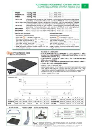 PLATEFORMES EN ACIER VERNIS À 4 CAPTEURS INOX IP68
PAINTED STEEL PLATFORMS WITH FOUR IP68 LOAD CELLS PP
TELP1250 / TELP1500
P1250RAMP
Résistant au nettoyage d’eau à haute pression/jet de vapeur (Essai: eau pulvérisée à une distance
maximale de 150 mm). Pression d’eau 100 bars; température 80°C; durée de l’essai 250 secondes.
(Norme de référence DIN 40050-9).
IPX9K
Water protection when cleaning high pressure / steam jet (Test: pressurized hot water is sprayed from a distance of 150
mm). Water pressure 100 bar; temperature 80 ° C; test duration 250 seconds (Reference standard DIN 40050-9).
COLONNE avec BRIDE
STAND with BRACKET BLINDAGE SHIELD
+ SIGNAL (VERT) + SIGNAL (GREEN)
+ ALIMENTATION (ROUGE)
+ REF./SENSE (BLEU)
+ EXCITATION (RED)
+ REF./SENSE (BLUE)
- SIGNAL (BLANC) - SIGNAL (WHITE)
- ALIMENTATION (NOIR)
- REF./SENSE (JAUNE)
- EXCITATION (BLACK)
- REF./SENSE (YELLOW)
Où prévus (where provided)
FIXATION ANTI-DÉPLACEMENT
MODULE AGAINST LATERAL FORCES
PPV
P1250 max kg 3000 . . . . . . . . . . . . . . . . . . . . . . . . . . dimens. 1250 x 1250 mm . . . . . . . . . . . . . . . . . . . . . . . . . . . . . . . . .
P1200P1500 max kg 3000 . . . . . . . . . . . . . . . . . . . . . . . . . . dimens. 1200 x 1500 mm . . . . . . . . . . . . . . . . . . . . . . . . . . . . . . . . .
P1500 max kg 3000 . . . . . . . . . . . . . . . . . . . . . . . . . . dimens. 1500 x 1500 mm . . . . . . . . . . . . . . . . . . . . . . . . . . . . . . . . .
TELP1250 Châssis à monter en fosse en acier galvanisé à froid pour P1250 avec brides pour le réglage
du centrage / Galvanized steel frame to be grounded for P1250 with center adjusting brackets
TELP1200P1500 ChâssisàmonterenfosseenaciergalvaniséàfroidpourP1200P1500avecbridespourleréglage
du centrage / Galvanized steel frame to be grounded for P1200P1500 with center adjusting brackets.
TELP1500 Châssis à monter en fosse en acier galvanisé à froid pour P1500 avec brides pour le réglage
du centrage / Galvanized steel frame to be grounded for P1250 with center adjusting brackets
P1250RAMP Rampe d’accès en acier verni (1250x1060xh85mm) / Painted steel access ramp. . . . . . . . . . . . . . . .
P1500RAMP Rampe d’accès en acier verni (1500x1060xh85mm) / Painted steel access ramp. . . . . . . . . . . . . . . .
OPTIONS SUR DEMANDE : OPTIONS ON REQUEST :
- Majoration pour portée hors standard. . . . . . . . . . . . . . . . . . . . . . . . . . . . . . . . - Additional price for non-standard platforms . . . . . . . . . . . . . . . . . . . .
- Version ATEX II 1 GD (zone 0-1-2-20-21-22) . . . . . . . . . . . . . . . . . - ATEX version II 1 GD (zone 0-1-2-20-21-22). . . . . . . . . . . . .
- Colonne porte-indicateur en acier inox (Ø 38 mm, h 700 mm) avec
bride en acier inox pour ﬁxation au sol. . . . . . . . . . . . . . . . . . . . . . . . . . . . . . .
- Indicator stainless steel stand (Ø 38 mm, h 700 mm) with stainless
steel bracket for ﬂoor mounting . . . . . . . . . . . . . . . . . . . . . . . . . . . . . . .
- Colonne porte-indicateur en acier inox (Ø 38 mm, h 700 mm) avec
bride en acier verni pour ﬁxation au sol. . . . . . . . . . . . . . . . . . . . . . . . . . . . . .
- Indicator stainless steel stand (Ø 38 mm, h 700 mm) with painted
steel bracket for ﬂoor mounting . . . . . . . . . . . . . . . . . . . . . . . . . . . . . . .
- Quatre plaques mod. PPV pour ﬁxation au sol (voir pag. 92) . . . . . . . . - Four plates mod. PPV for ﬂoor mounting (see page 92) . . . . . . . .
- IPX9K: Déclaration de conformité + Degré de protection IPX9K pour
les quatres capteurs de pesage . . . . . . . . . . . . . . . . . . . . . . . . . . . . . . . . . . . . . .
- IPX9K: Declaration of conformity + IPX9K marking protection
rating for 4 load cells. . . . . . . . . . . . . . . . . . . . . . . . . . . . . . . . . . . . . . . . .
APPROBATION OIML R60 C3
OIML R60 C3 APPROVEDC3
ANGLE DÉMONTÉ (détail).
ANGLE REMOVED (detail).
1000 kg
1000 kg
1000 kg
TELAIO FOSSA
FRAME
A
D
B
F
204
204
204
D
20
20
20
C
105
105
117
B
1270 x 1270
1520 x 1220
1536 x 1536
E
8
8
8
TELP1250
TELP1200P1500
TELP1500
F
60
60
60
E
5
5
5
C
1210
1160 x 1460
1460
B
1115 (+/- 5)
1065 x 1370 (+/- 5)
1370 (+/- 5)
A
1250 x 1250
1200 x 1500
1500 x 1500
D
60
60
60
P1250
P1200P1500
P1500
Load Cells
110 kg
112 kg
148 kg
Weight A
1370 x 1370
1620 x 1320
1620 x 1620
30 kg
33 kg
36 kg
Weight
A
D
F
B
min95
max105
E
C
TELAIO FOSSA
FRAME
C
FE
Dimensions (mm)
CHÂSSIS FOSSE
FRAME
- RÉALISÉE EN ACIER VERNI
- PLAN DE PESAGE POUVANT ÊTRE INSPECTÉ CÔTÉ CAPTEURS ET BOÎTE
DE JONCTION INOX AVEC CARTE D’ÉGALISATION ET CÂBLE DE SORTIE
À 6 FILS CONDUCTEURS (5 m)
- 4 CAPTEURS DE PESAGE DE CISAILLEMENT IP68 EN ACIER INOX AISI
420 (sur demande IPX9K )
- PIEDS ARTICULÉS ENACIER GALVANISÉ À CENTRAGE AUTOMATIQUE À BILLE
- 2 TROUS M12 POUR ANNEAUX DE LEVAGE
- PAINTED STEEL CONSTRUCTION
- INSPECTABLE LOADING TOP ON CELLS AND JUNCTION BOX SIDES. STAINLESS
STEEL JUNCTION BOX WITH EQUALIZATION BOARD AND 6 WIRES CABLE (5 m)
- 4 SHEAR BEAM AISI 420 STAINLESS STEEL IP68 LOAD CELLS (on request IPX9K )
- GALVANIZED STEEL SELF-CENTERING ADJUSTABLE JOINTED FEET
- TWO M12 HOLES FOR LIFTING
CHÂSSIS FOSSE
FRAME
20
 